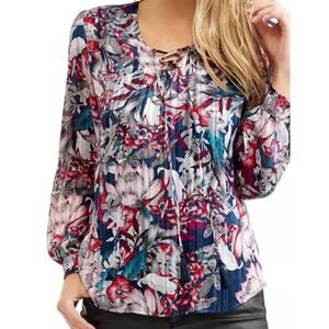 WOMENS 2XL Floral BLOUSE Wedding Guest Top Sheer METALLIC Colorful Long Sleeve